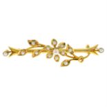 An Edwardian 15ct gold split pearl floral bar brooch.