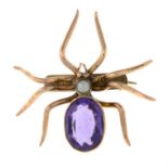 An early 20th century gold, purple paste and imitation pearl spider brooch.