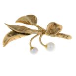 A 9ct gold cultured pearl foliate brooch, by Cropp & Farr.