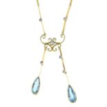 An early 20th century 15ct gold aquamarine and diamond negligee necklace.