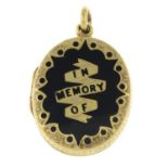 A Victorian enamel memorial locket, with shield motif reverse.