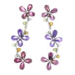 A pair of garnet, amethyst and gem-set floral drop earrings.