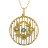 An Edwardian 15ct gold aquamarine and seed pearl lattice pendant, with 9ct gold trace-link chain.