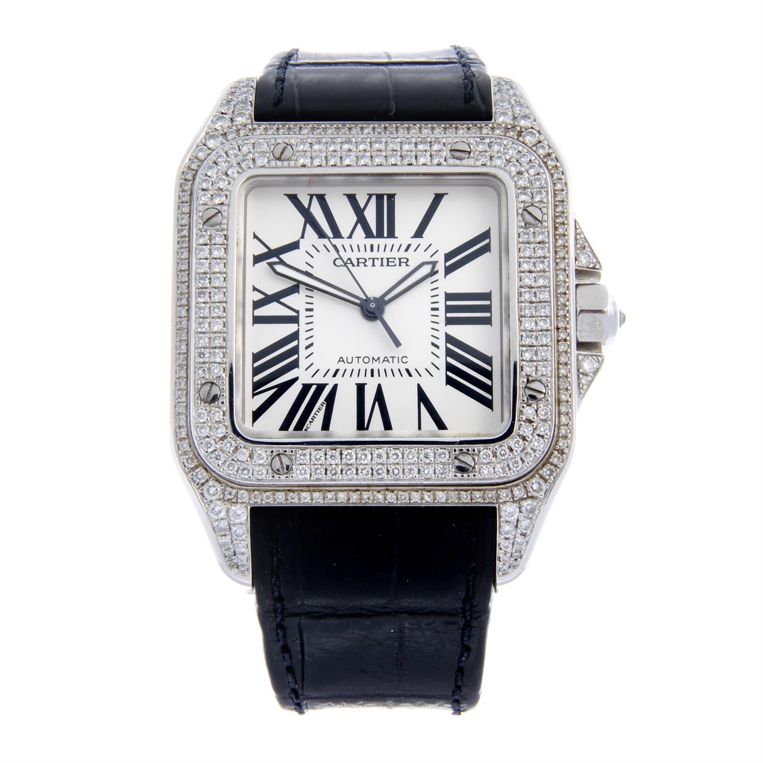 CARTIER - a diamond set stainless steel Santos 100 wrist watch, 38mm x 38mm.