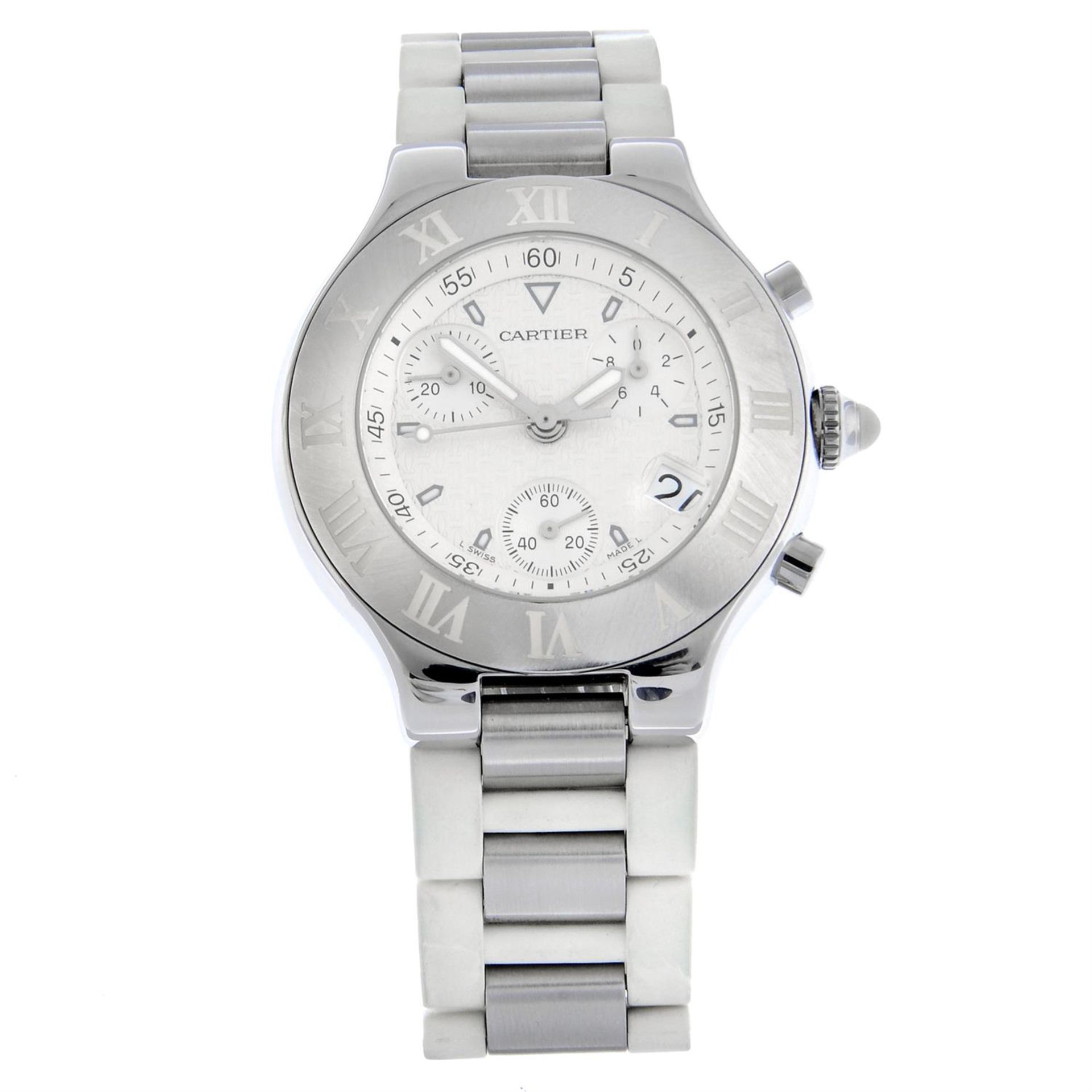 CARTIER - a stainless steel 21 Chronoscaph chronograph bracelet watch, 38mm.