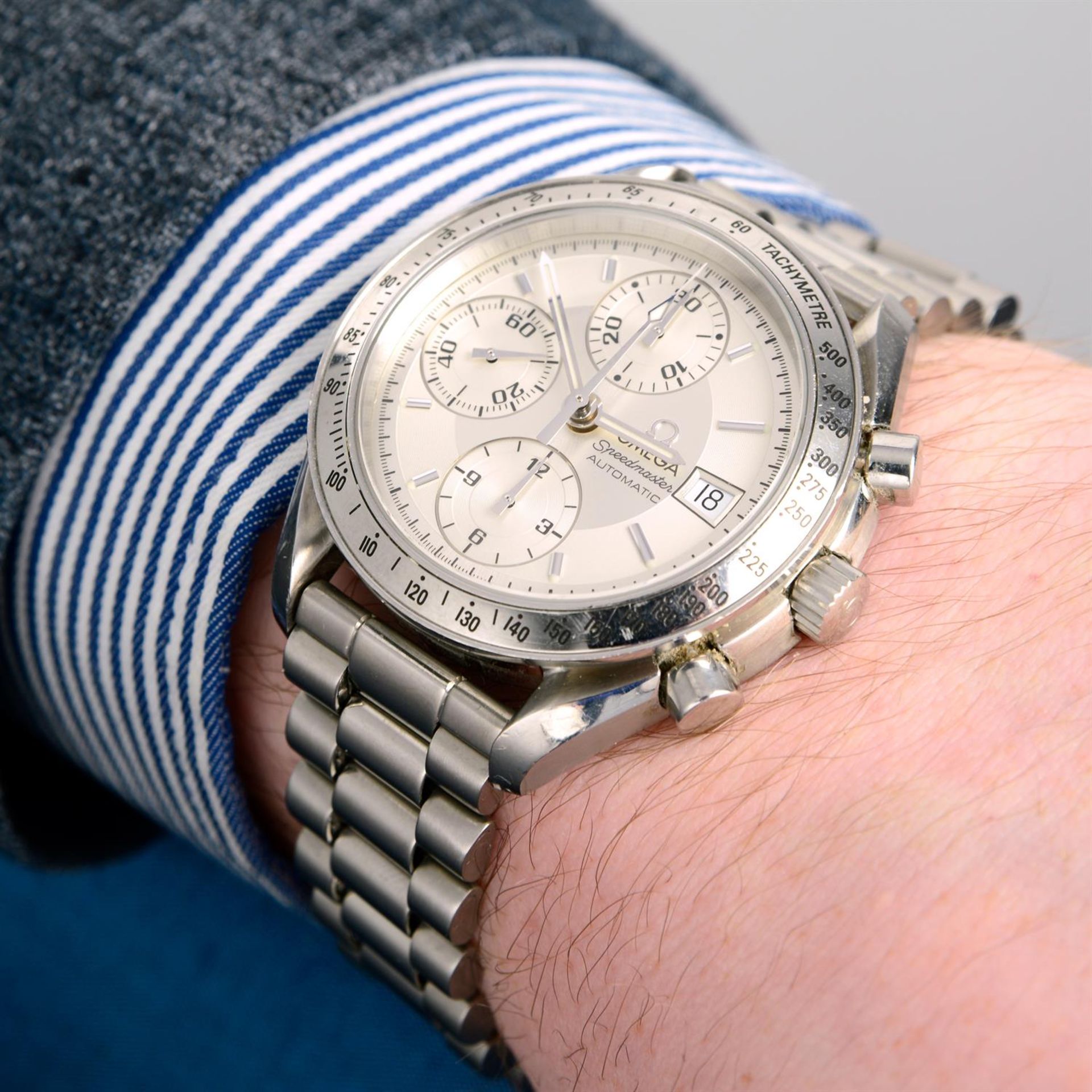 OMEGA - a stainless steel Speedmaster 'Reduced' chronograph bracelet watch, 39mm. - Image 5 of 5