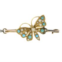 A Victorian gold turquoise and split pearl butterfly bar brooch.