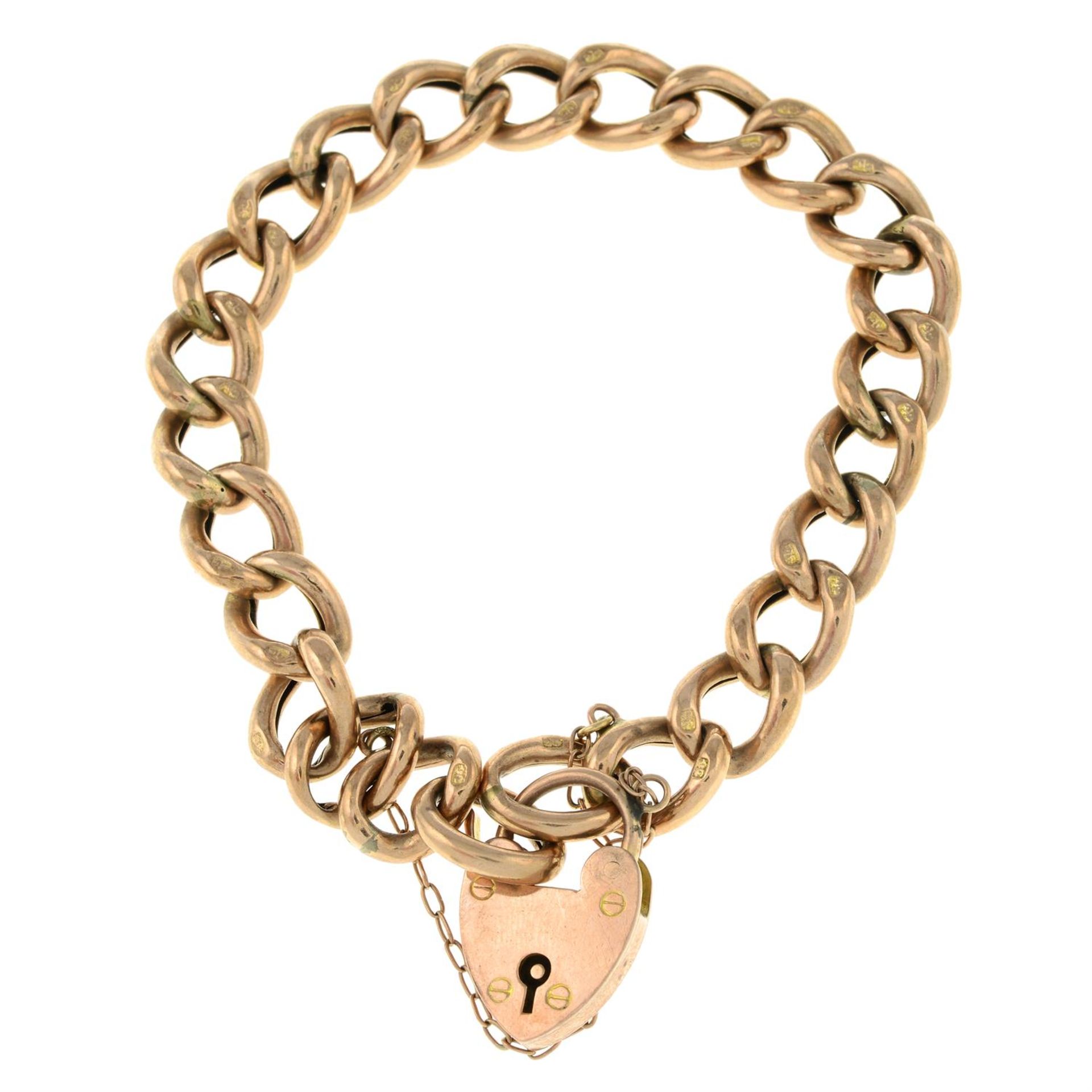 A late Victorian 9ct gold curb-link charm bracelet, with heart-shaped padlock clasp.