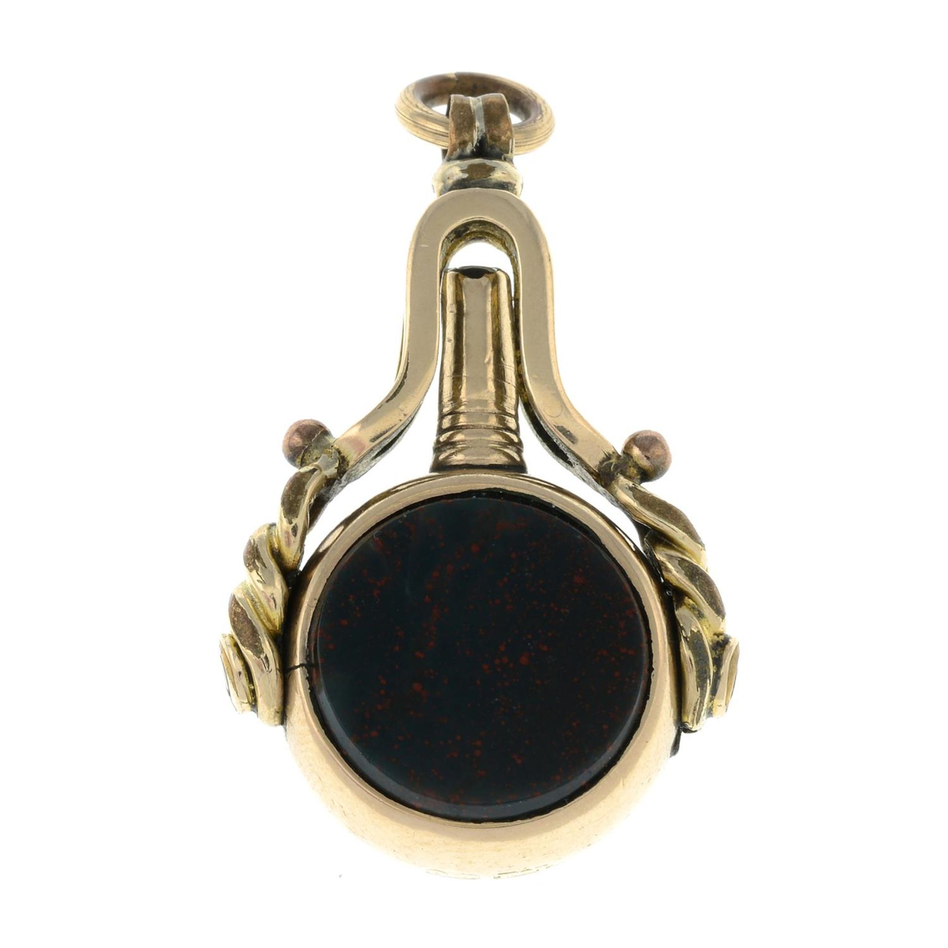 A late Victorian 9ct gold carnelian and bloodstone swivel fob watch key. - Image 2 of 2