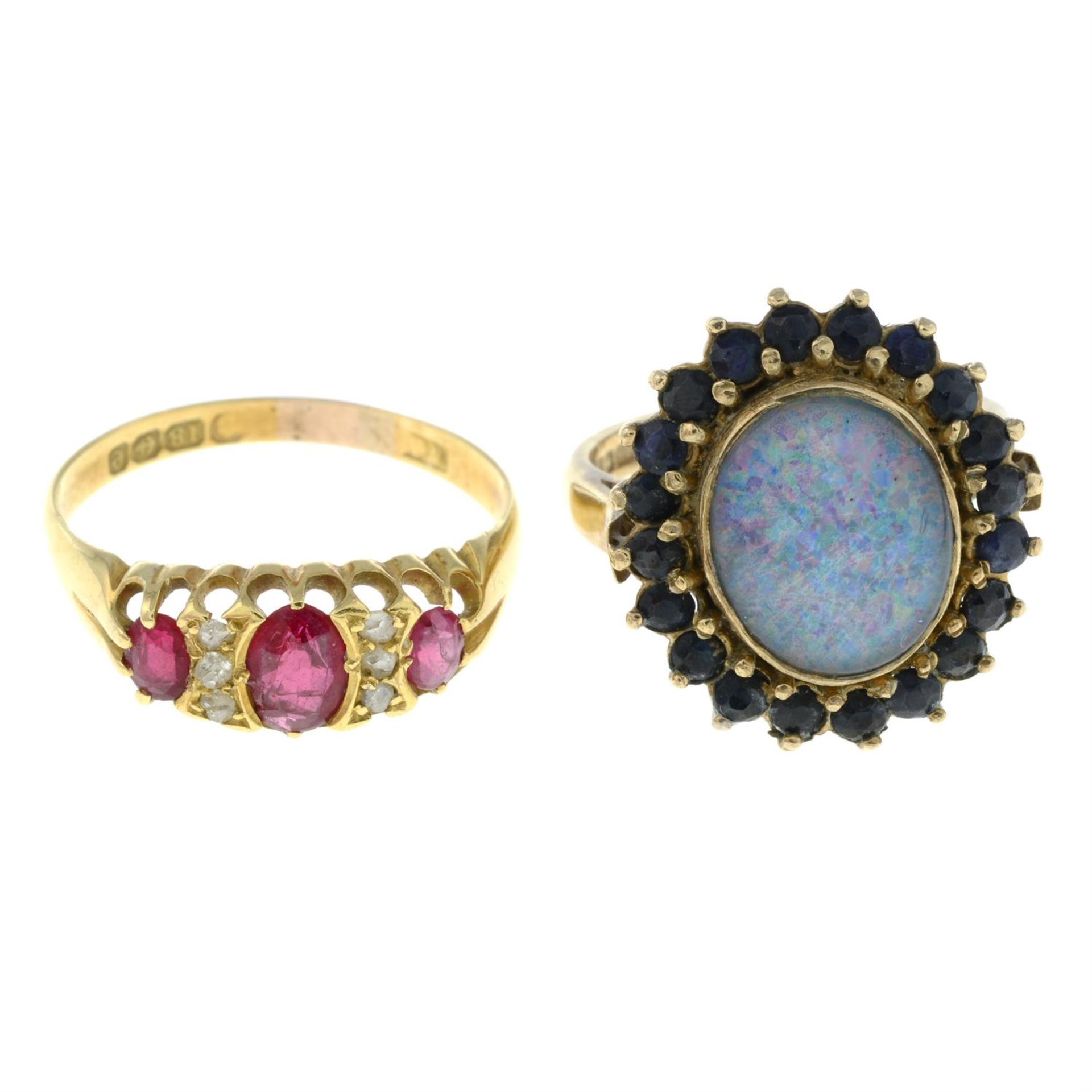 An Edwardian 18ct gold garnet-topped-doublet and diamond ring, and a later 9ct gold opal triplet