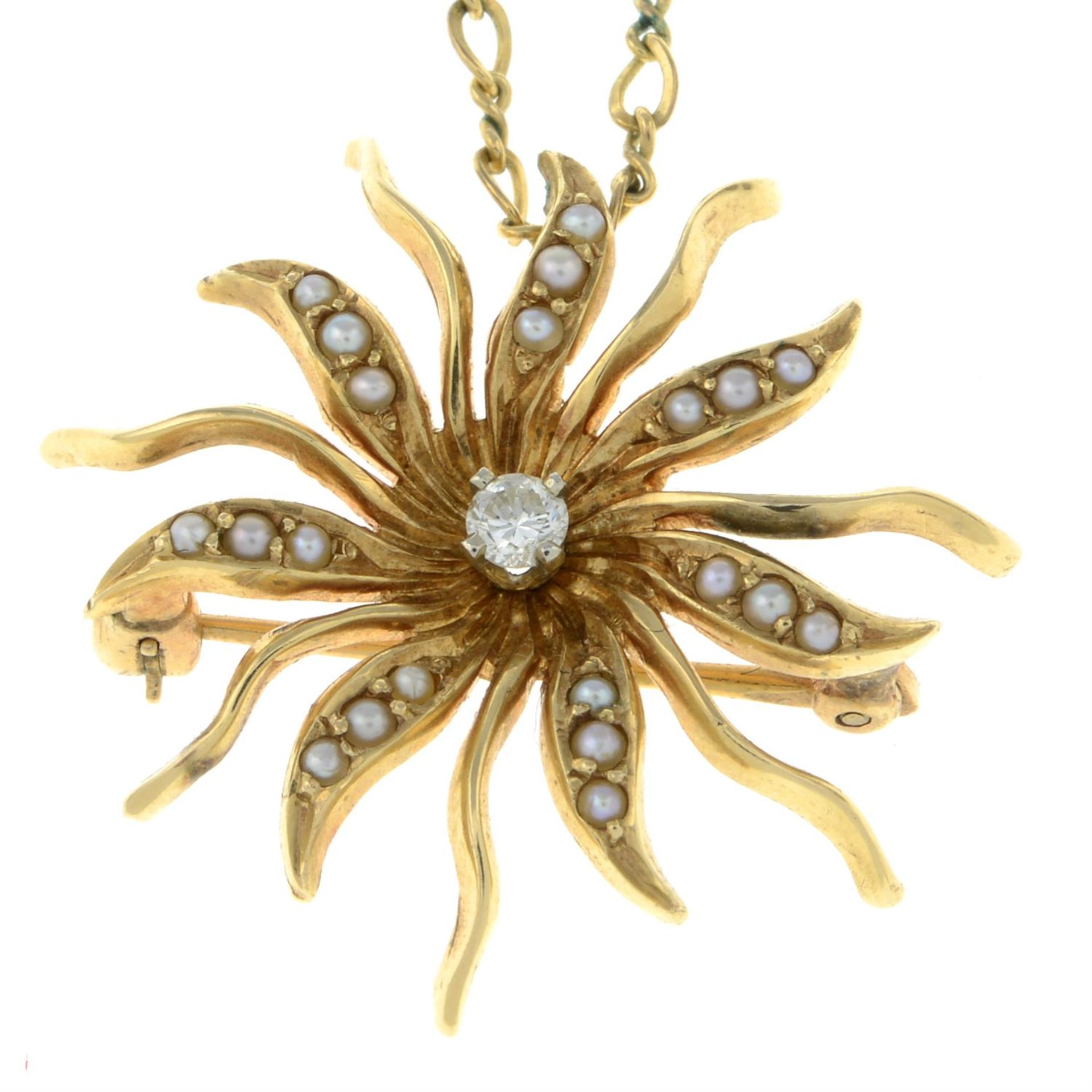 A mid 20th century brilliant-cut diamond and split pearl spray pendant/brooch, with later chain.