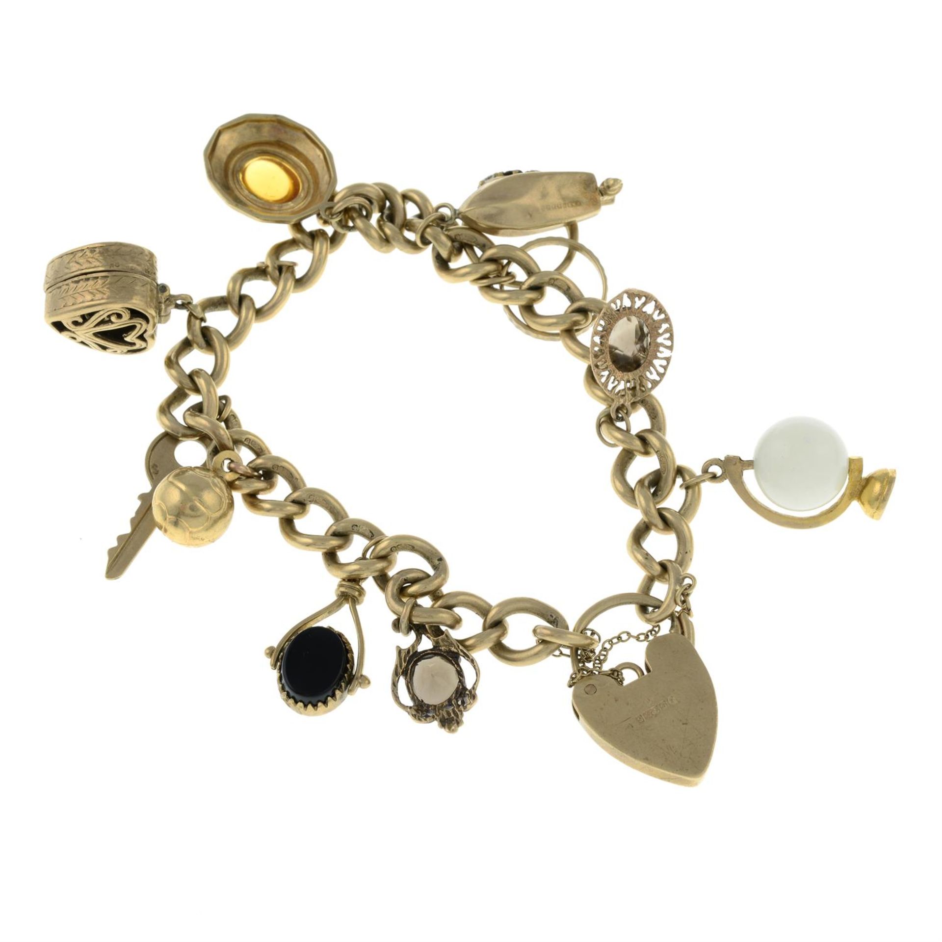 A bracelet, with ten suspended charms and heart-shaped padlock clasp. - Image 2 of 2