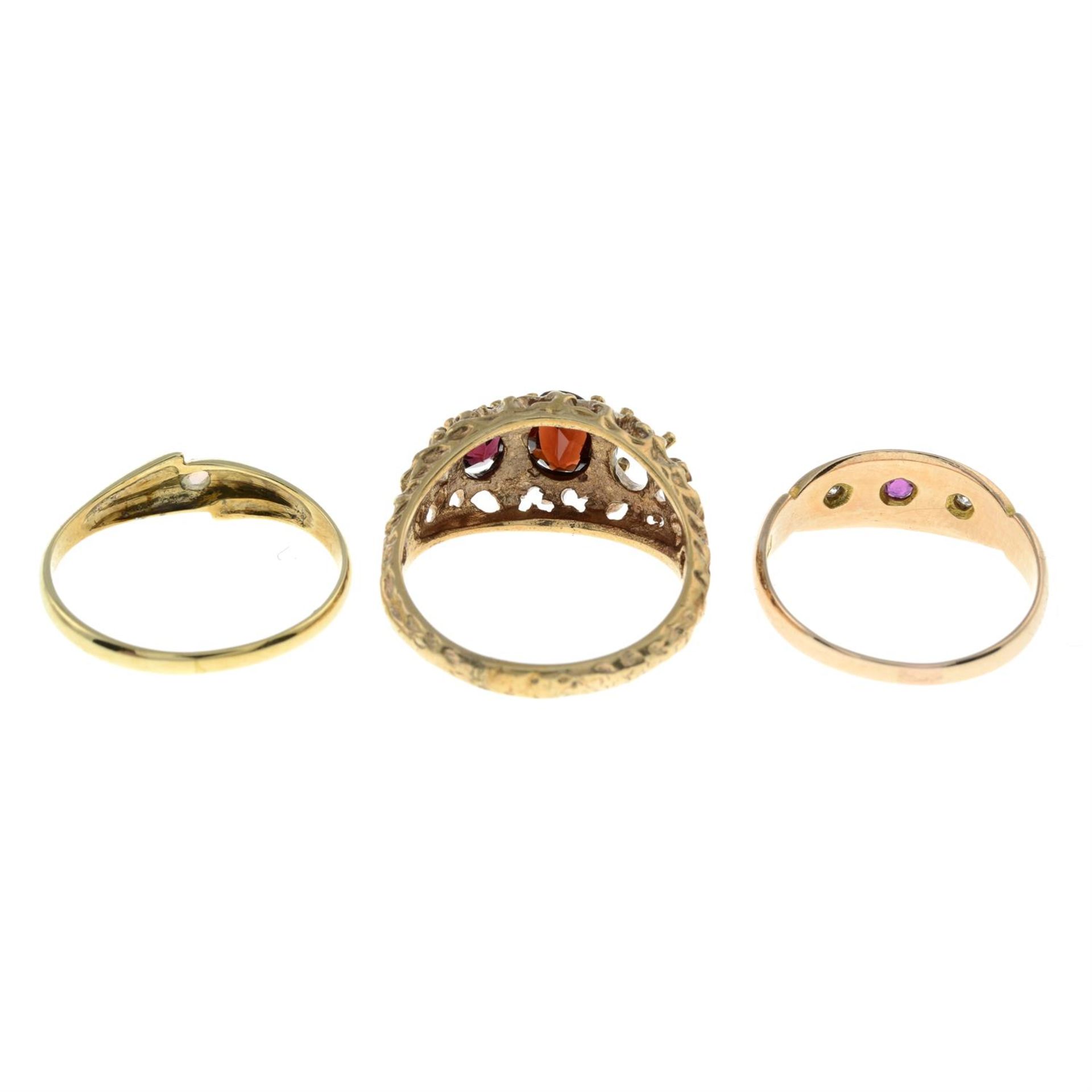 An early 20th century 15ct gold multi-gem ring, together with two later gem-set rings. - Image 2 of 2