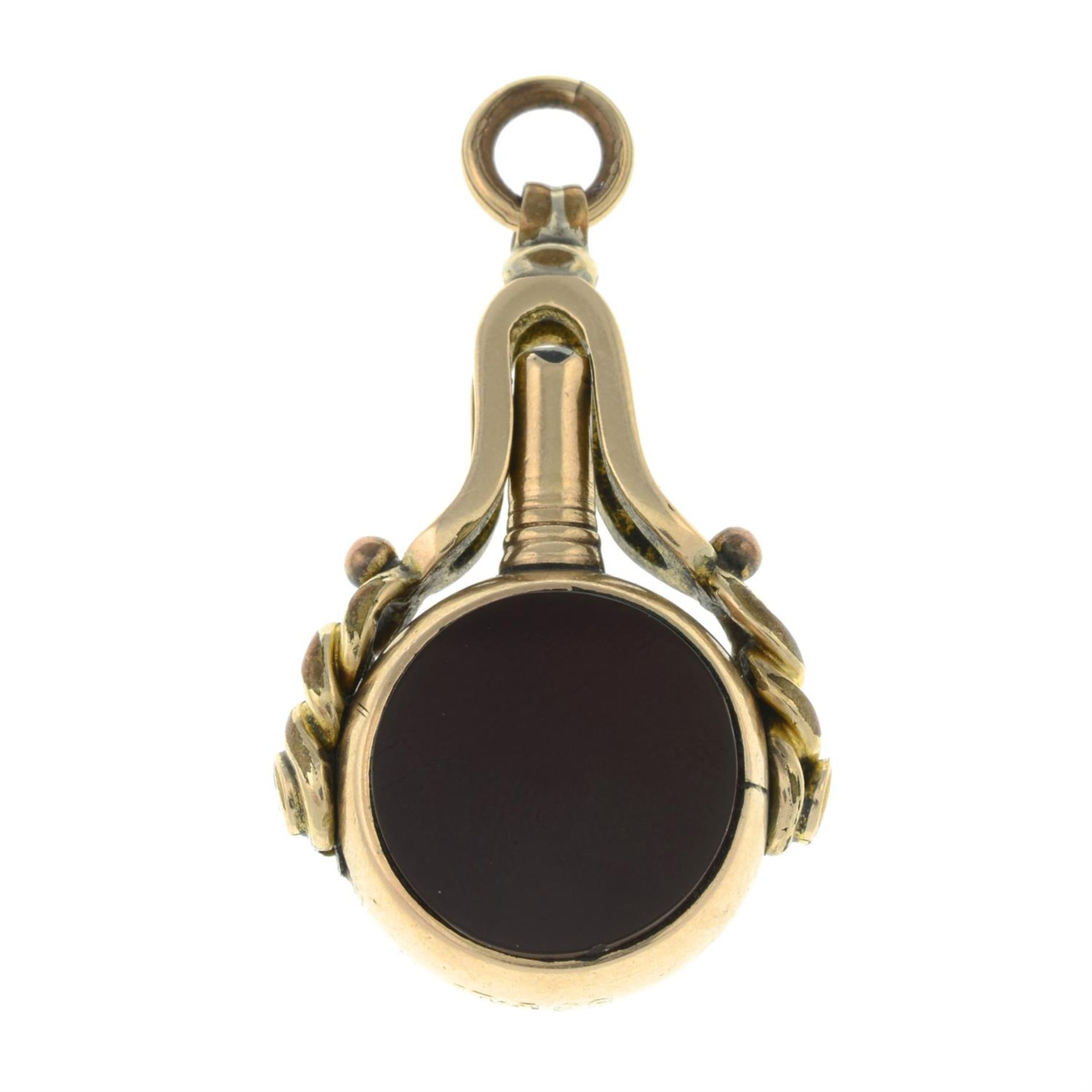 A late Victorian 9ct gold carnelian and bloodstone swivel fob watch key.
