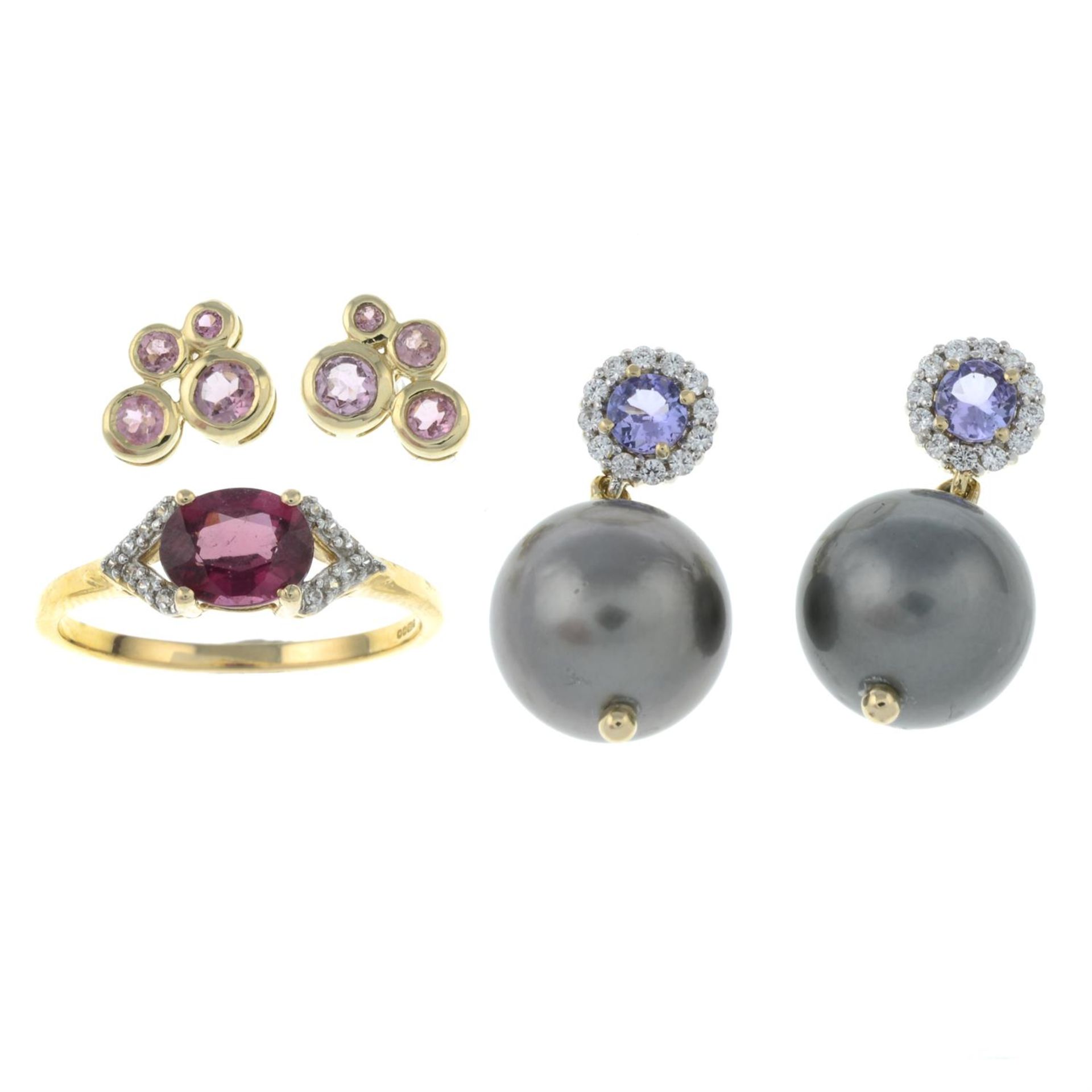 A 9ct gold pink tourmaline and paste ring, together with two pairs of gem-set earrings.