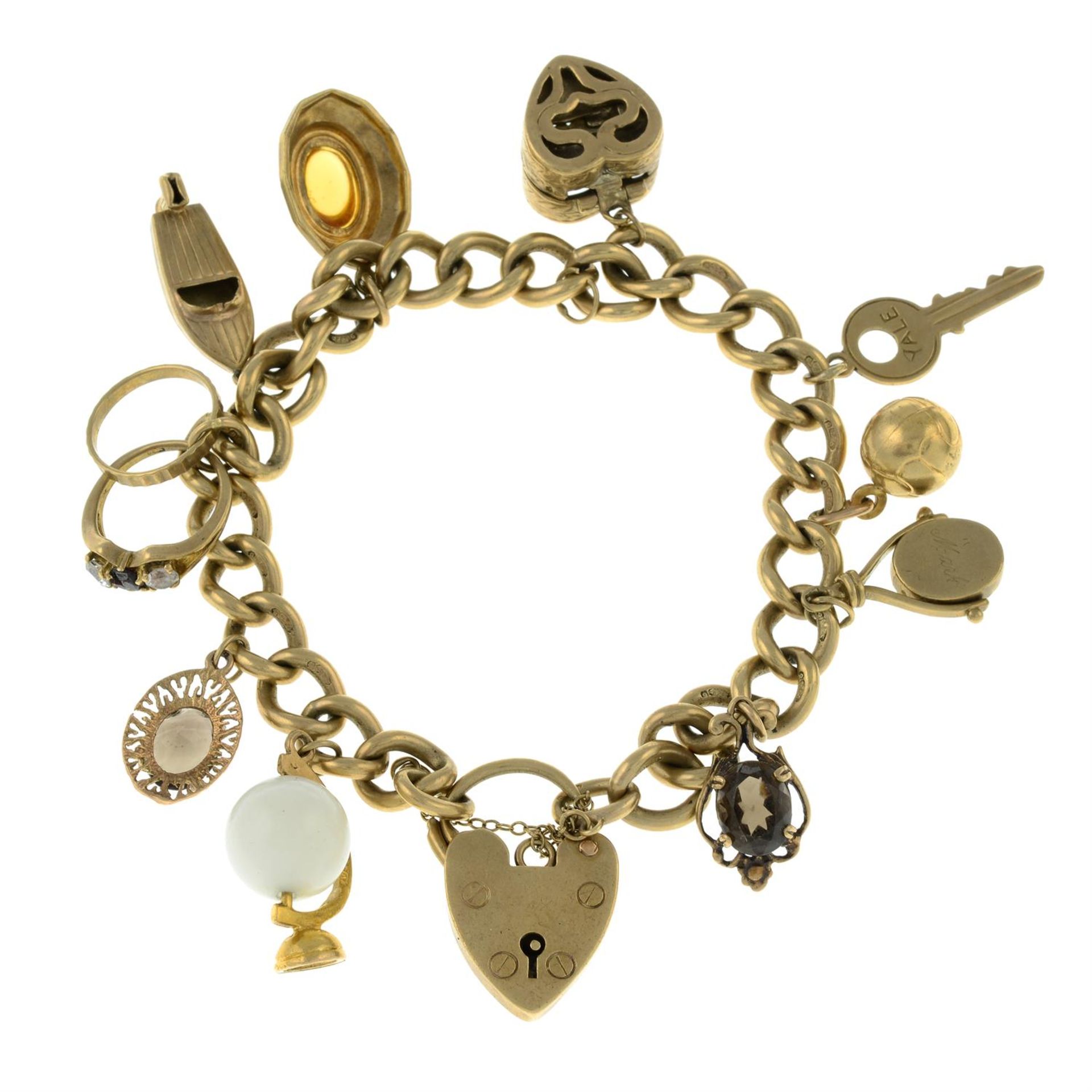 A bracelet, with ten suspended charms and heart-shaped padlock clasp.