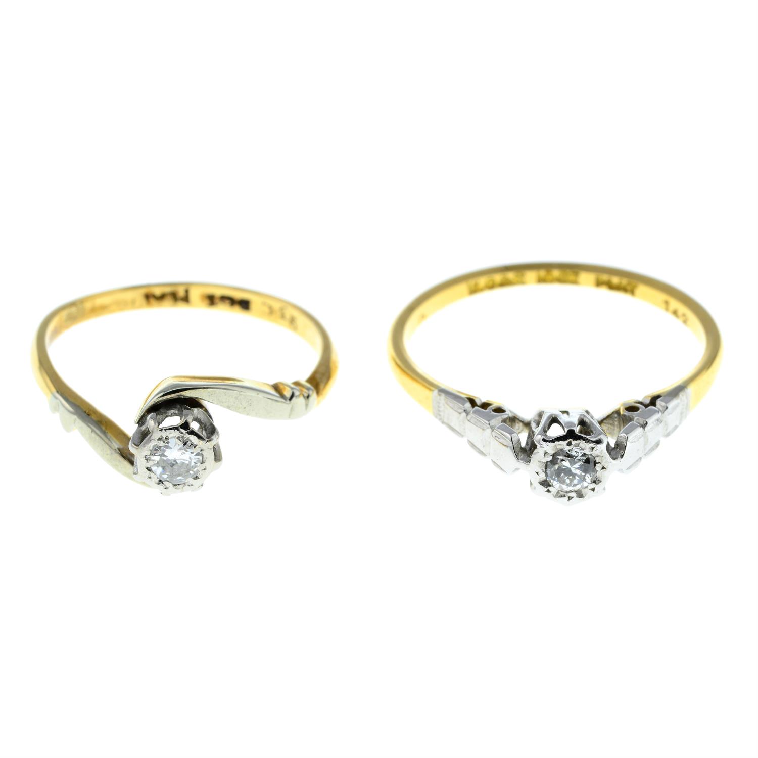 Two mid 20th century 18ct gold brilliant-cut diamond single-stone rings.