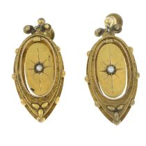 A pair of mid Victorian gold split pearl 'Etruscan Revival' earrings, with replacement screw-backs.