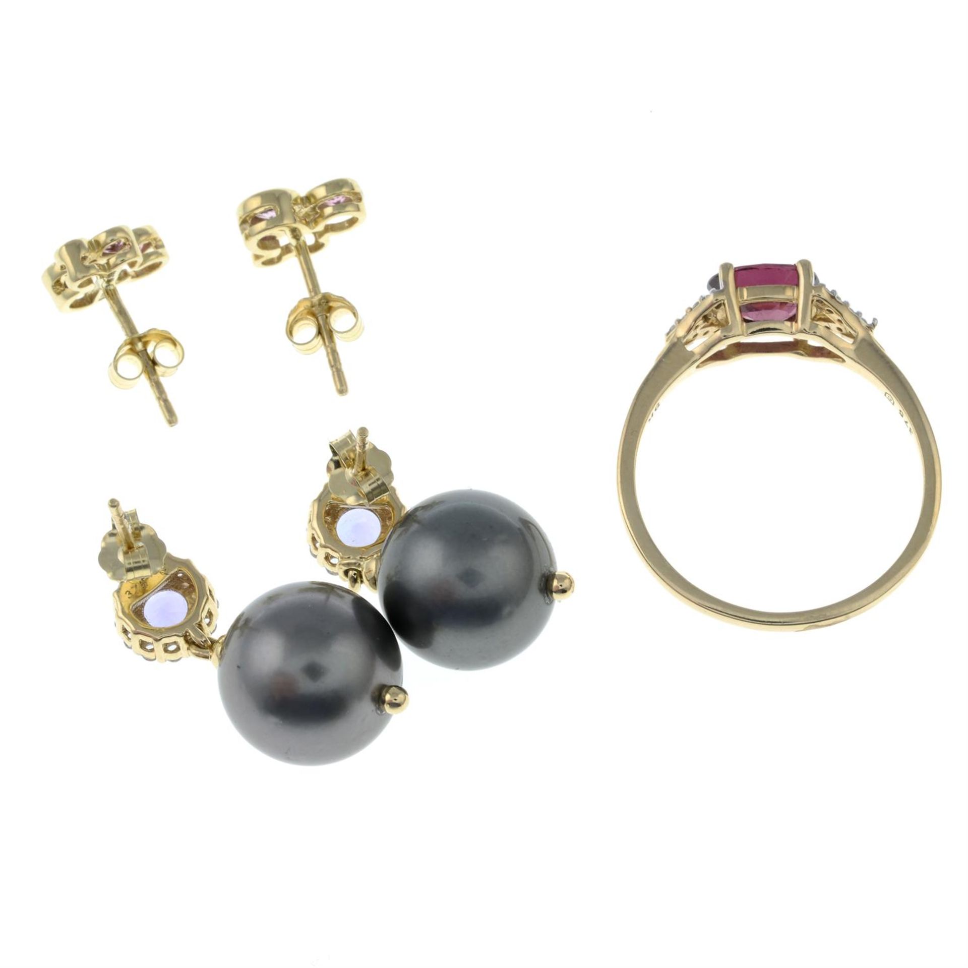 A 9ct gold pink tourmaline and paste ring, together with two pairs of gem-set earrings. - Image 2 of 2