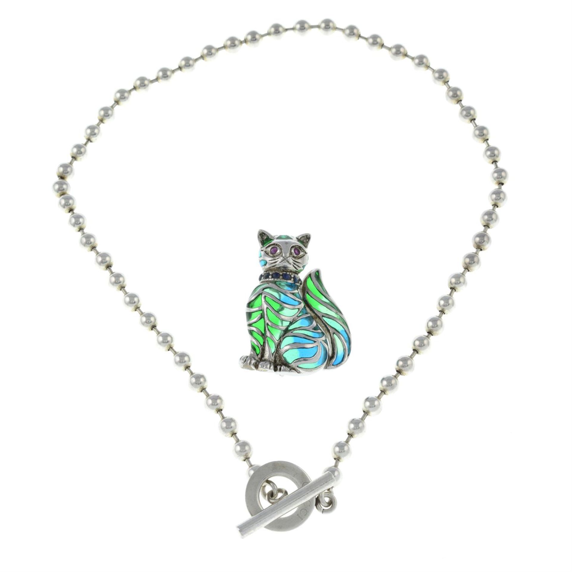 A bead-link necklace, by Gucci, together with a plique-a-jour vari-hue enamel cat brooch.