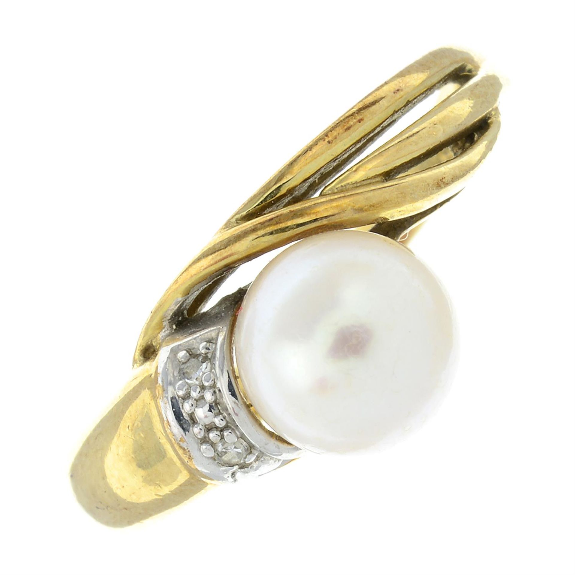 An 9ct gold cultured pearl and single-cut diamond ring.