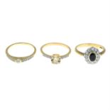 Three 9ct gold gem-set and paste rings.