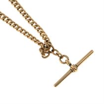 An early 20th century 9ct gold albert chain, with suspended T-bar.