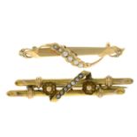 Two Edwardian gold split pearl bar brooches.