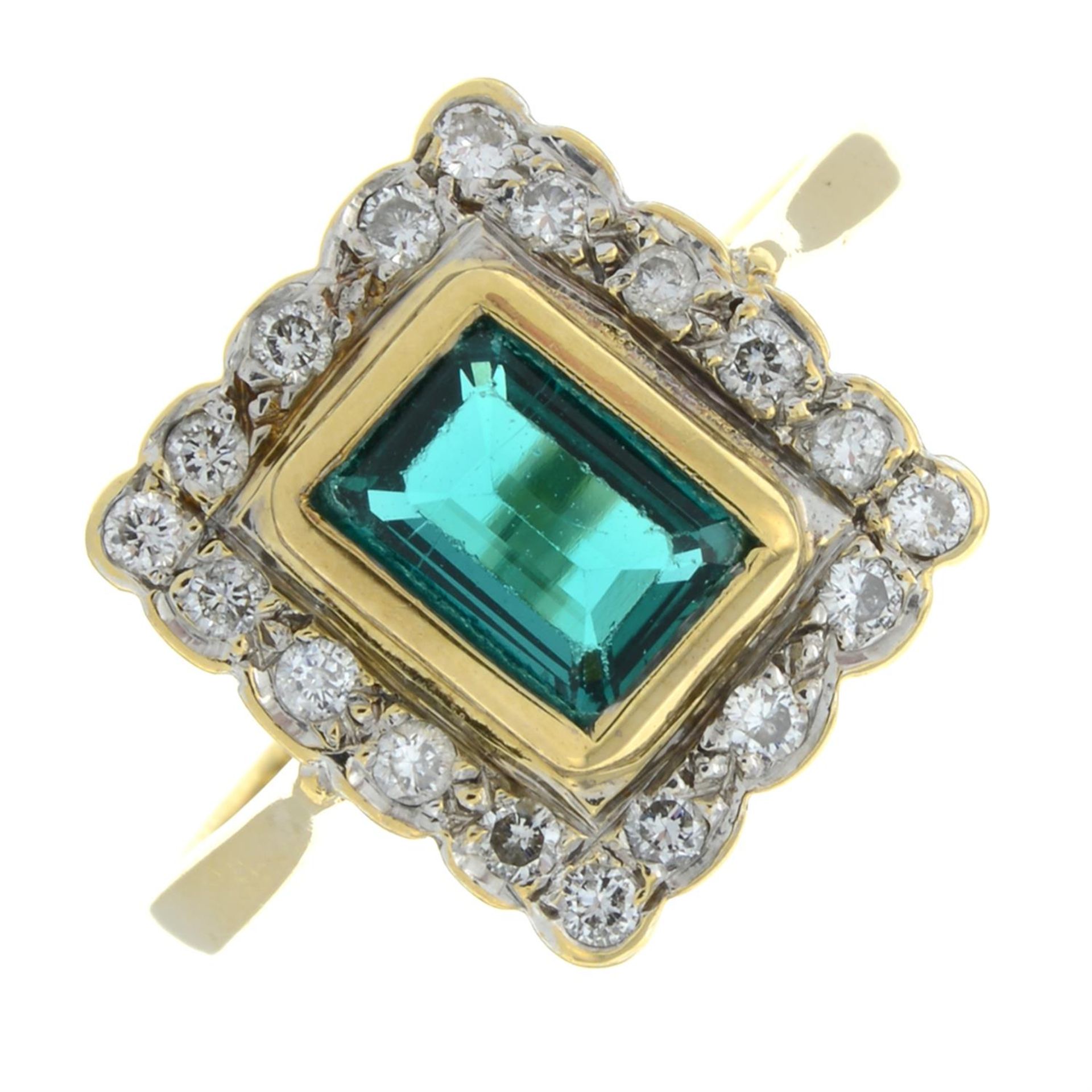 An 18ct gold brilliant-cut diamond and synthetic emerald cluster ring.