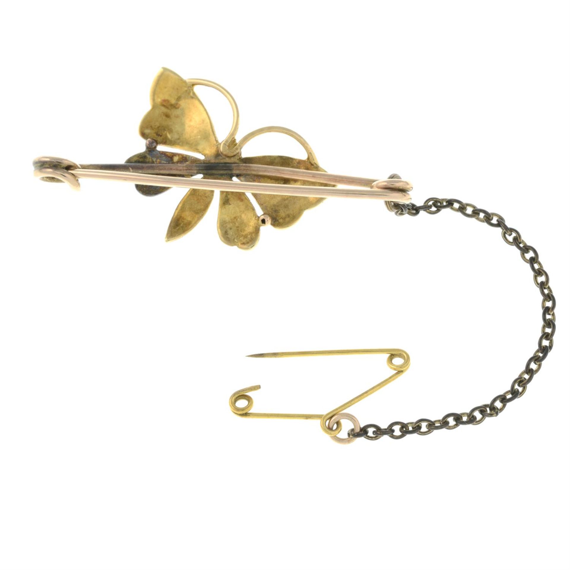 A Victorian gold turquoise and split pearl butterfly bar brooch. - Image 2 of 2