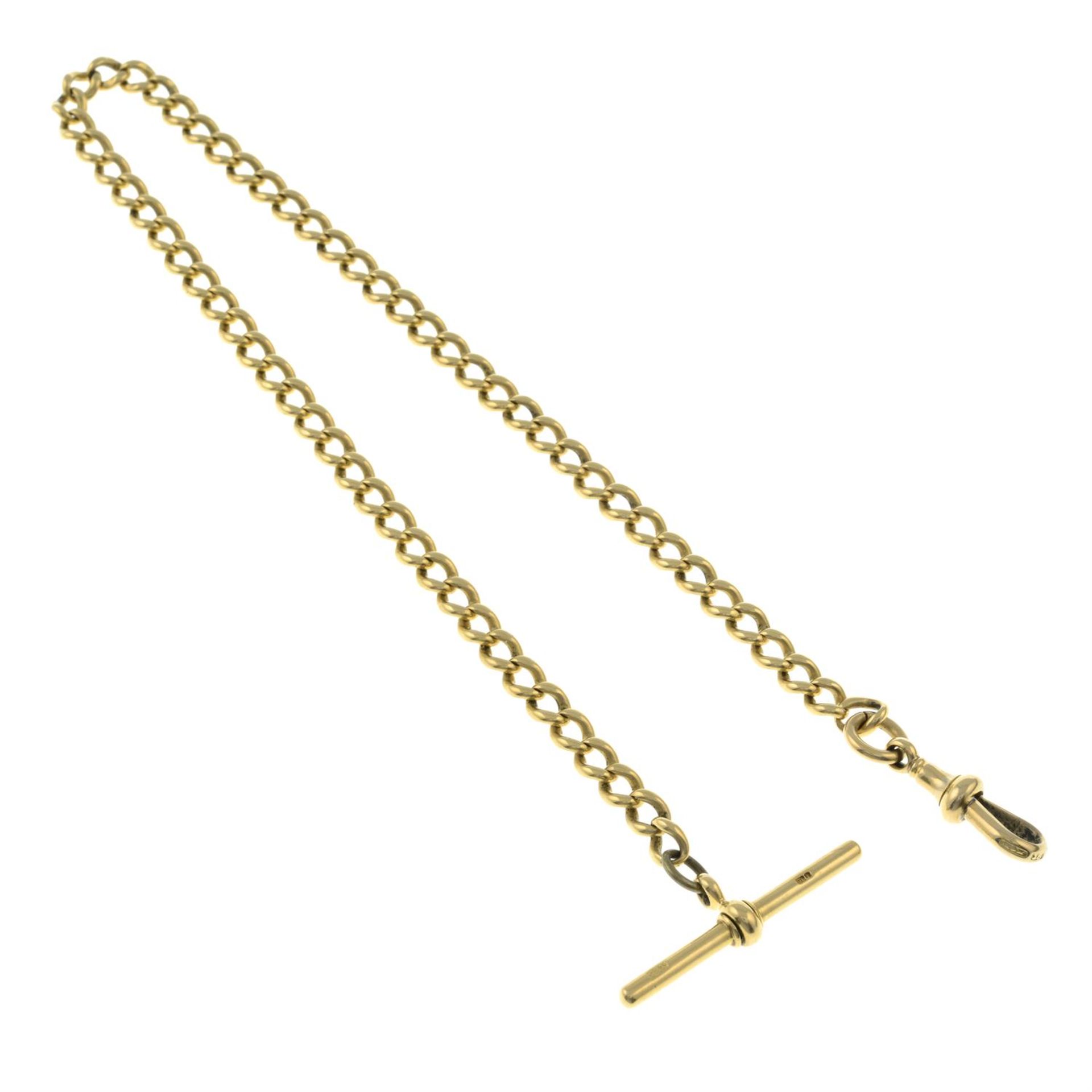 An early 20th century 18ct gold albert chain, with suspended T-bar.