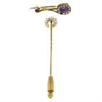 An early 20th century gold split pearl and old-cut diamond stick pin, together with a 19th century