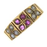 A late Victorian 15ct gold ruby and split pearl band ring.