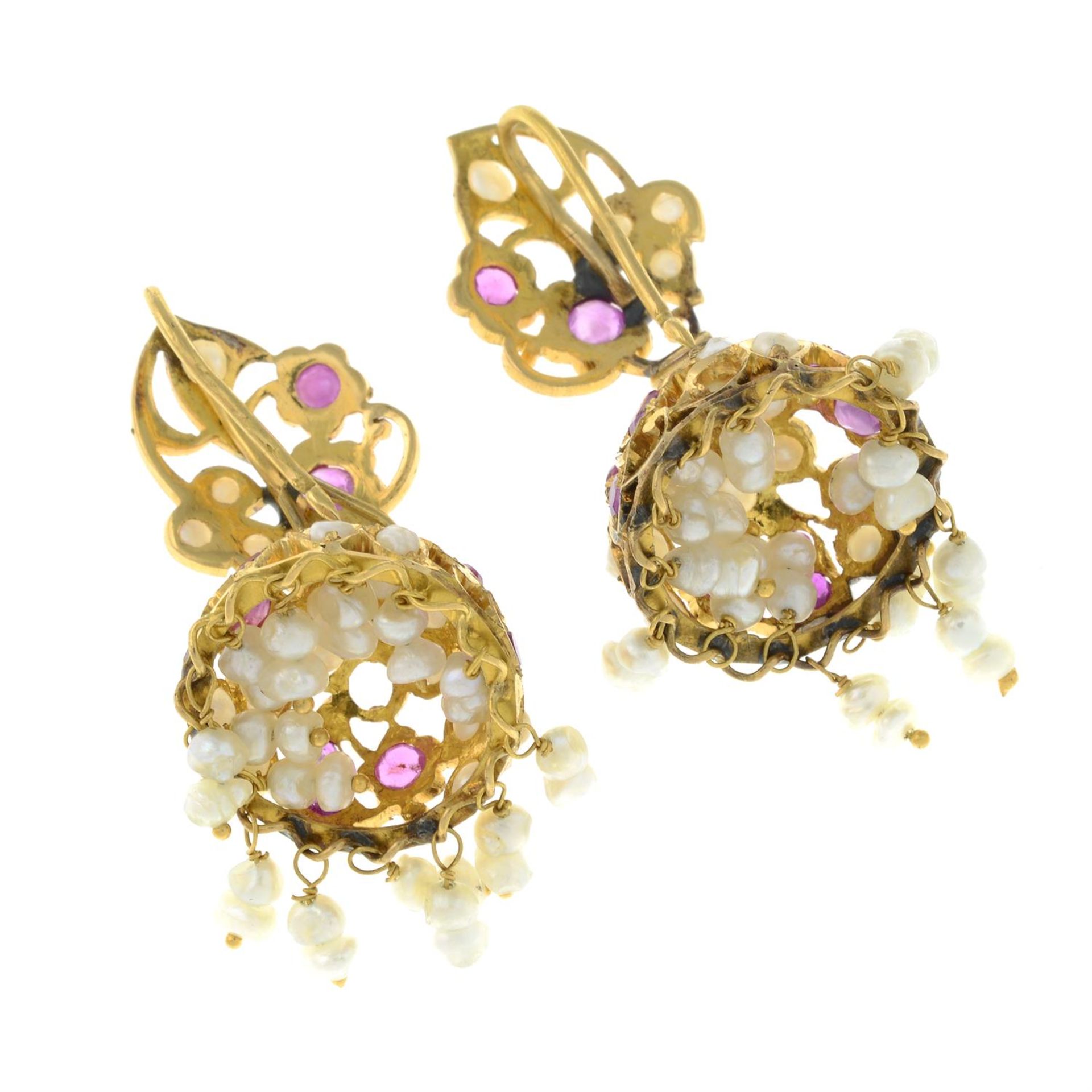 A pair of synthetic ruby, seed and split pearl drop earrings. - Image 2 of 2