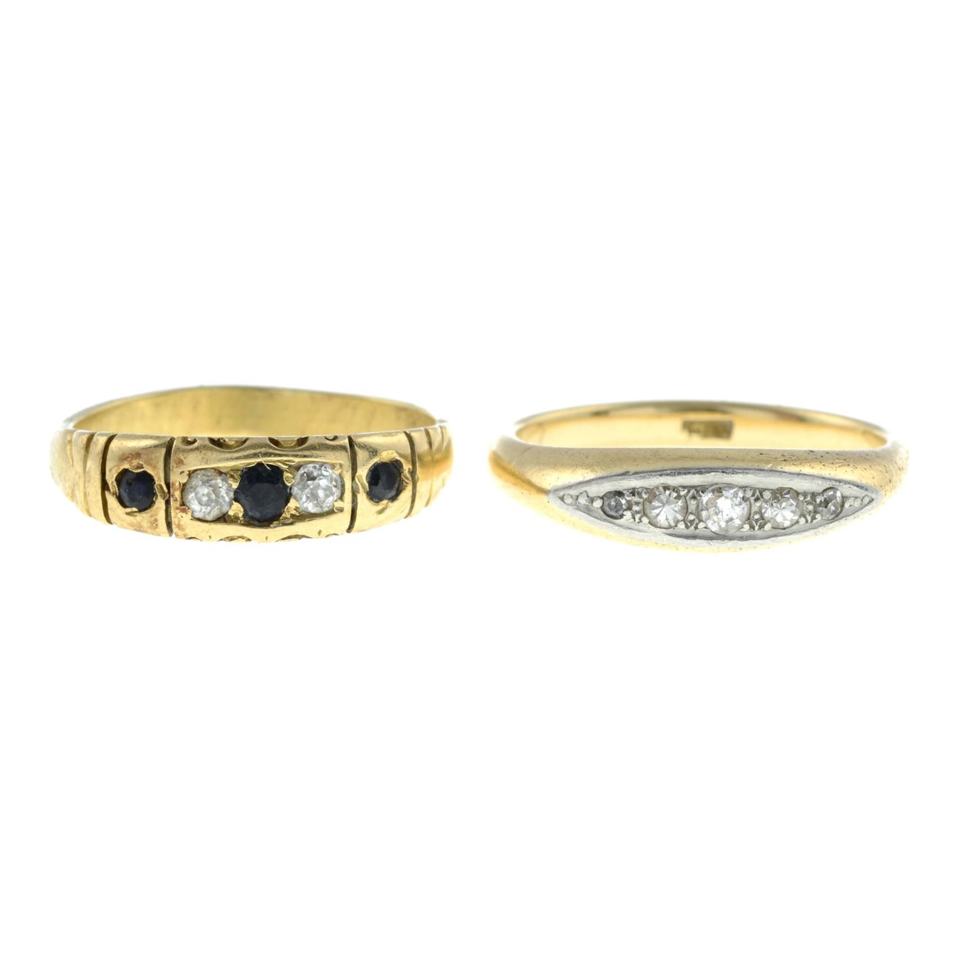 An early 20th century 18ct gold old-cut diamond five-stone ring, together with a sapphire and