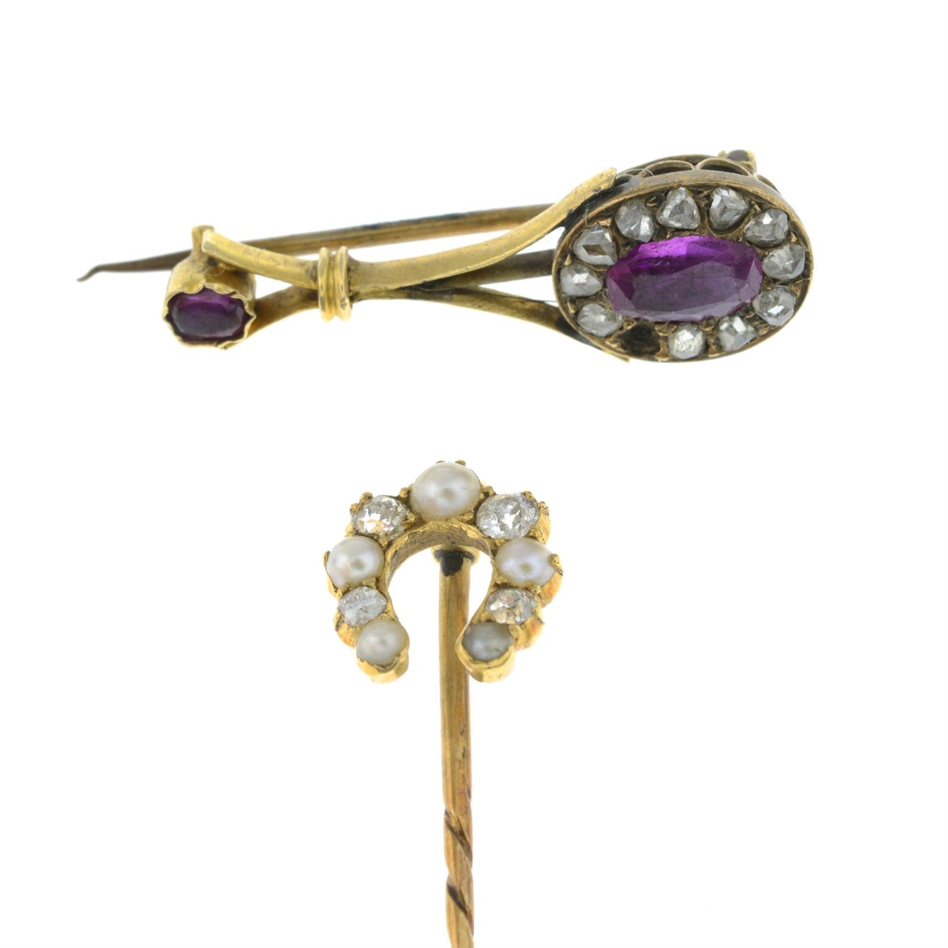 An early 20th century gold split pearl and old-cut diamond stick pin, together with a 19th century - Image 2 of 3