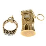 Two mid 20th century 9ct gold paste charms, to include a tower charm and a ring set charm.