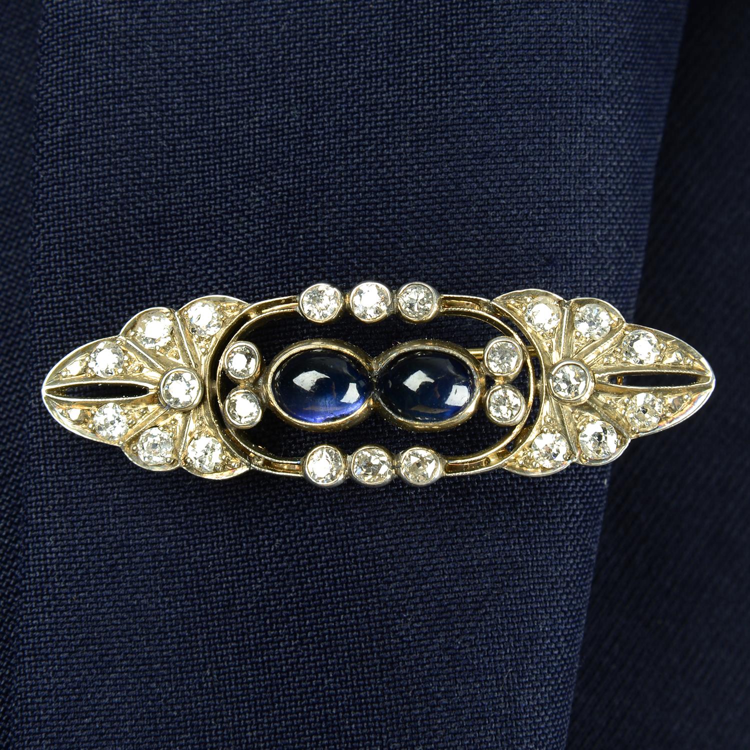 A mid 20th century silver and gold sapphire cabochon and old-cut diamond brooch. - Image 4 of 5