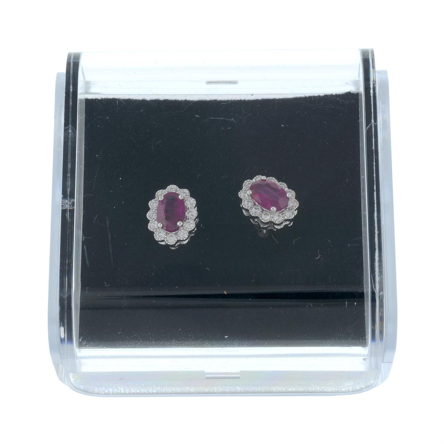 A pair of 18ct gold ruby and brilliant-cut diamond oval-shape cluster earrings. - Image 3 of 3