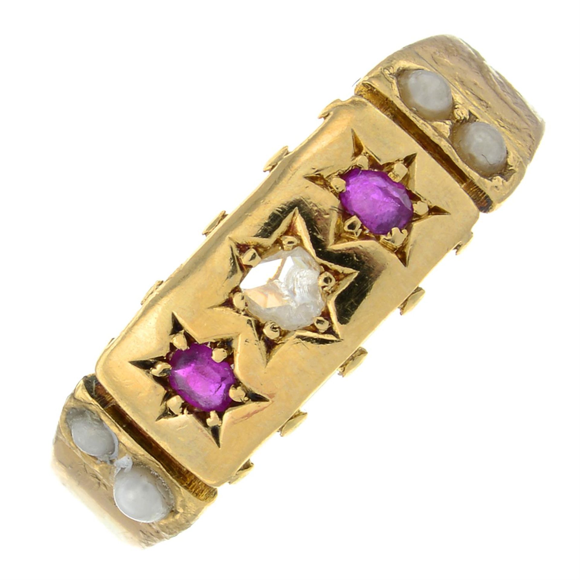 A late Victorian gold ruby, split pearl and rose-cut diamond band ring.