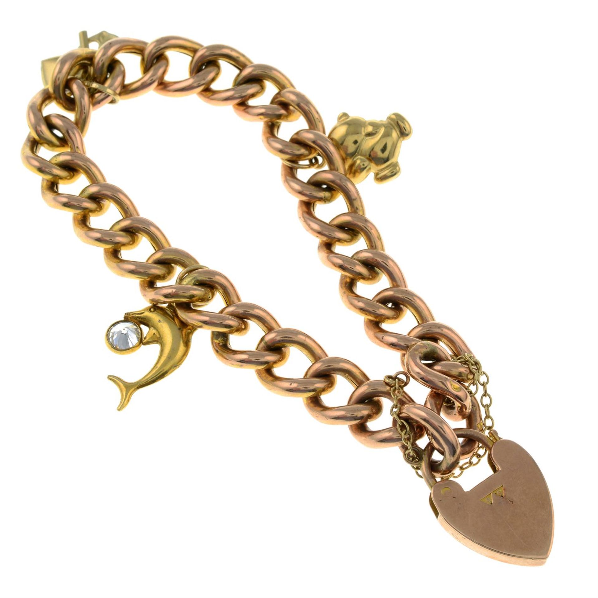 A 9ct gold bracelet, with three suspended charms and heart-shape padlock clasp. - Image 2 of 2