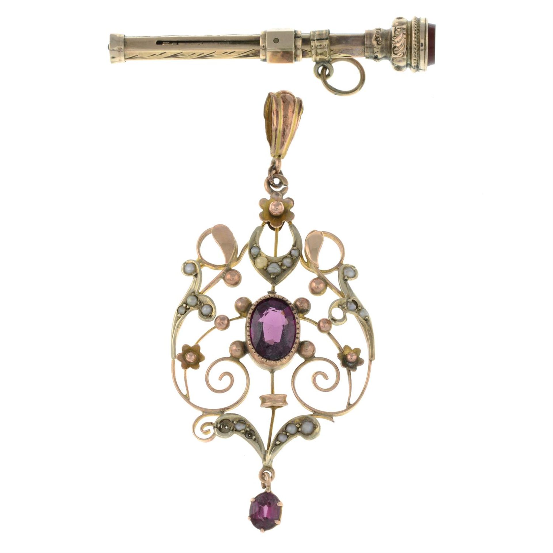 An Edwardian 9ct gold garnet and split pearl openwork pendant, together with an Edwardian 9ct gold