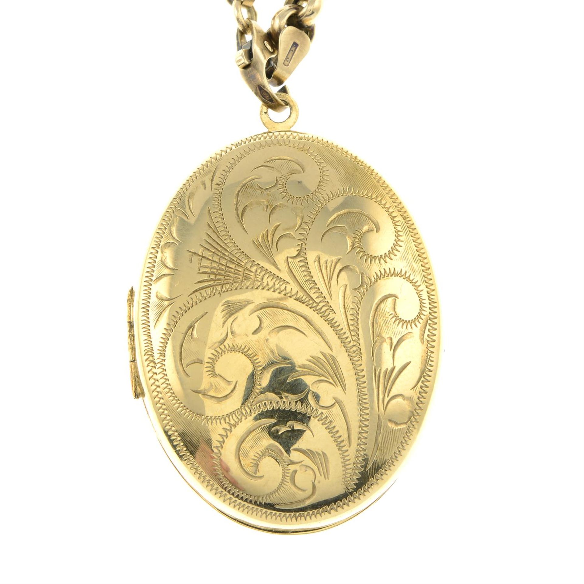 A foliate oval-shape locket pendant, with belcher-link chain.