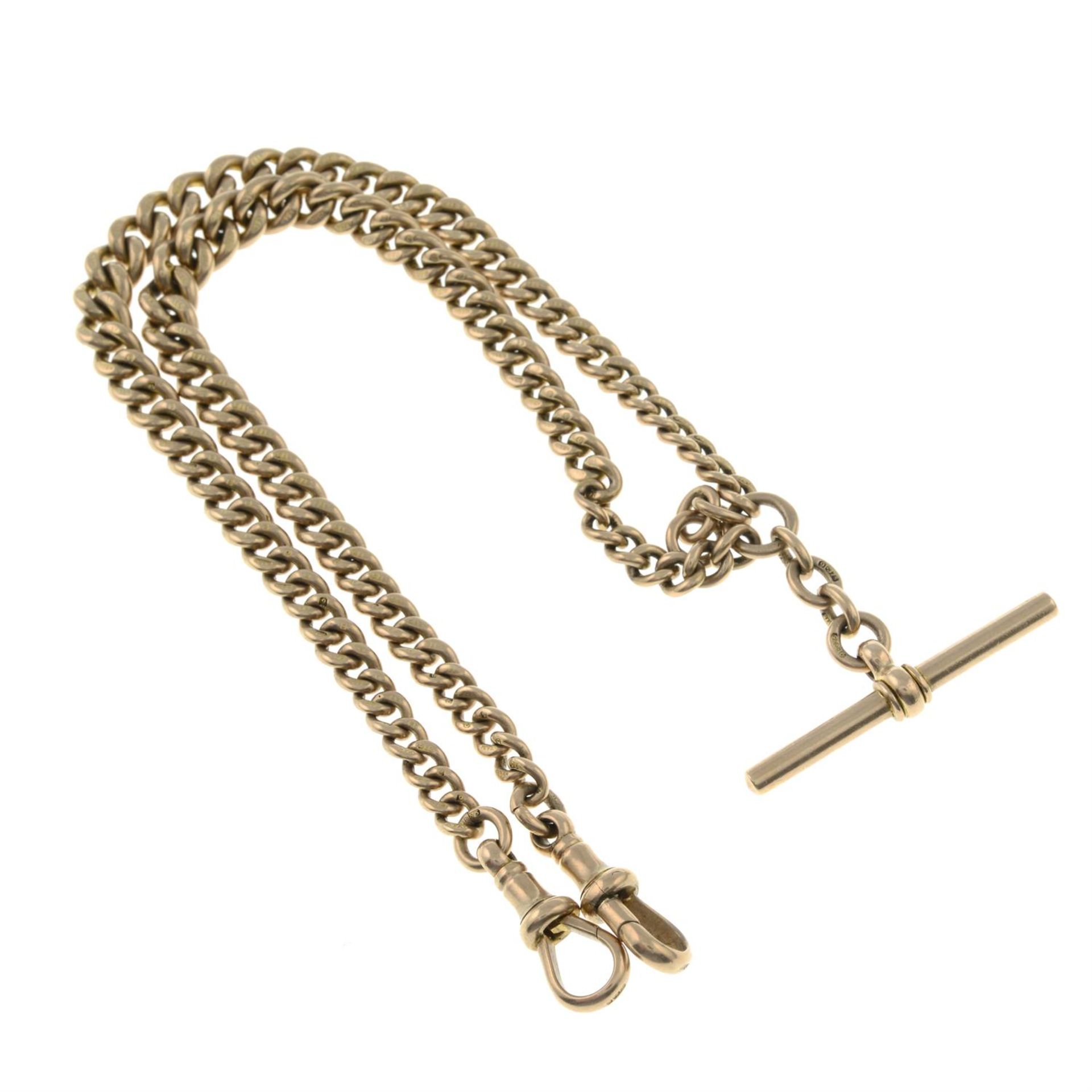 An early 20th century 9ct gold albert chain, with suspended T-bar. - Image 3 of 3