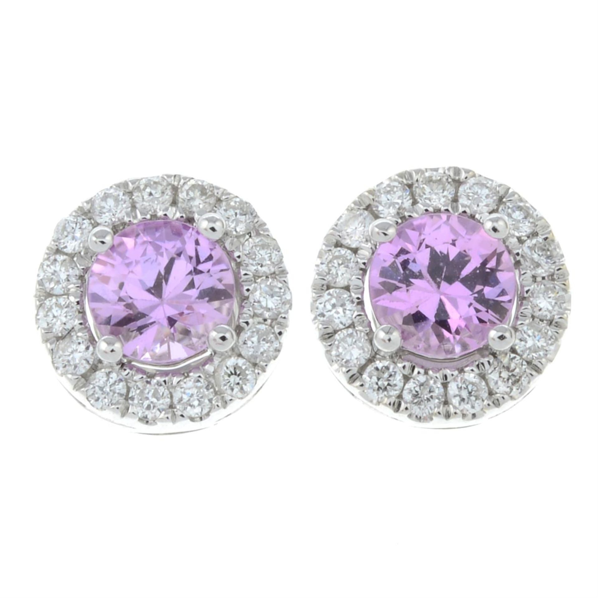 A pair of 18ct gold pink sapphire and diamond cluster stud earrings.