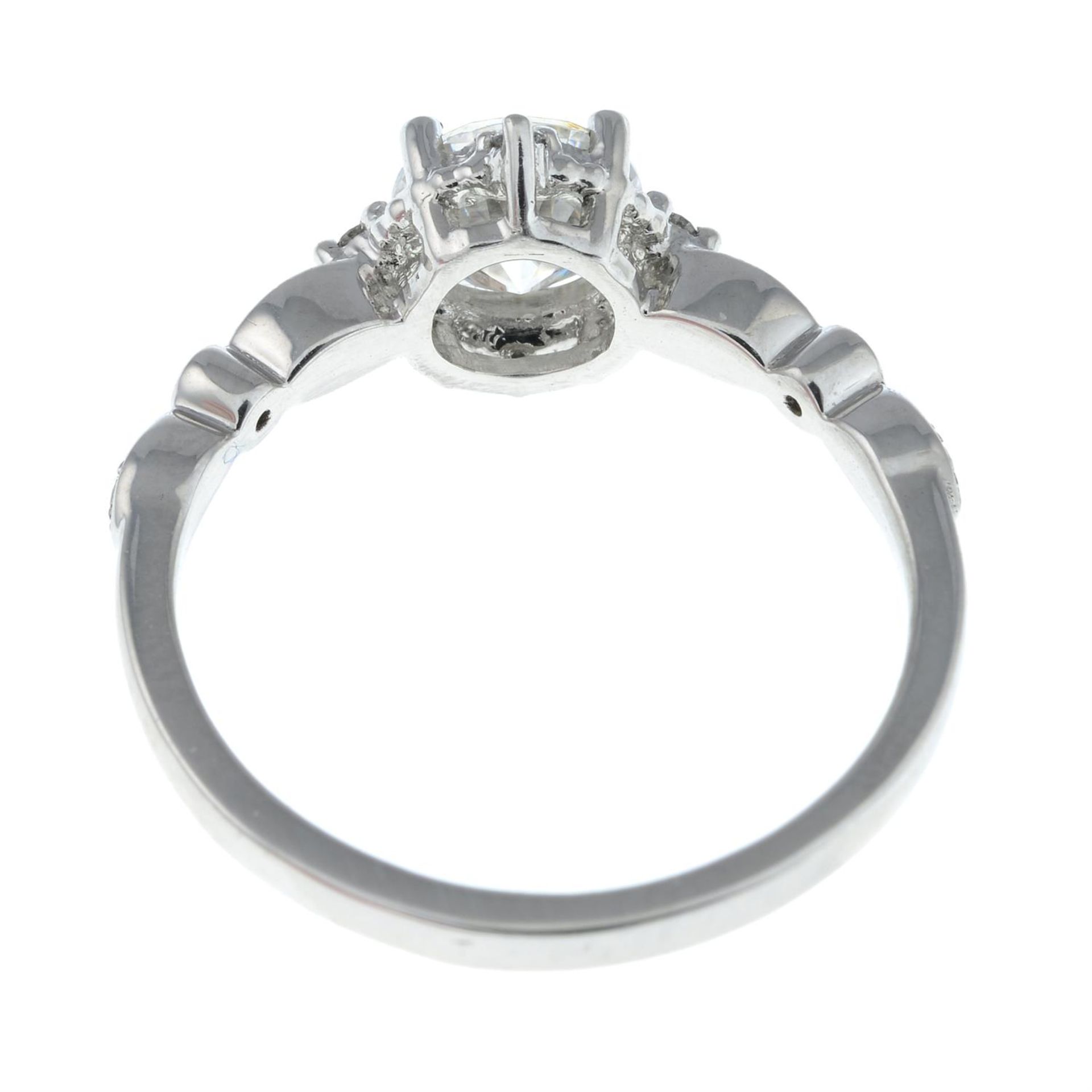 A platinum single-stone synthetic moissanite ring, with single-cut diamond highlights. - Image 2 of 2