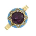 A late Victorian 15ct gold garnet, rose-cut diamond and enamel scarf ring.