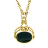 A mid 20th century 9ct gold onyx and agate swivel fob, with chain.