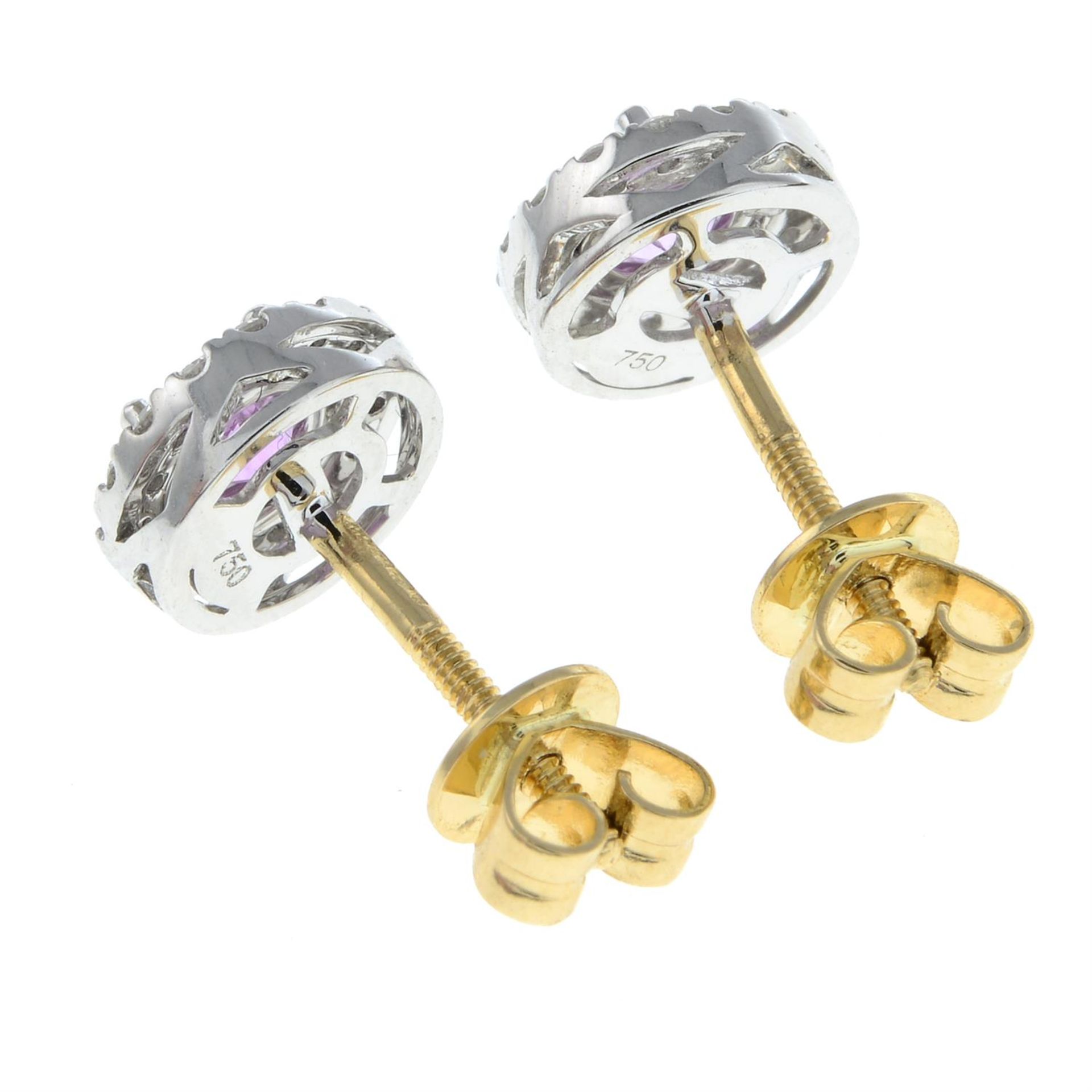 A pair of 18ct gold pink sapphire and diamond cluster stud earrings. - Image 2 of 2