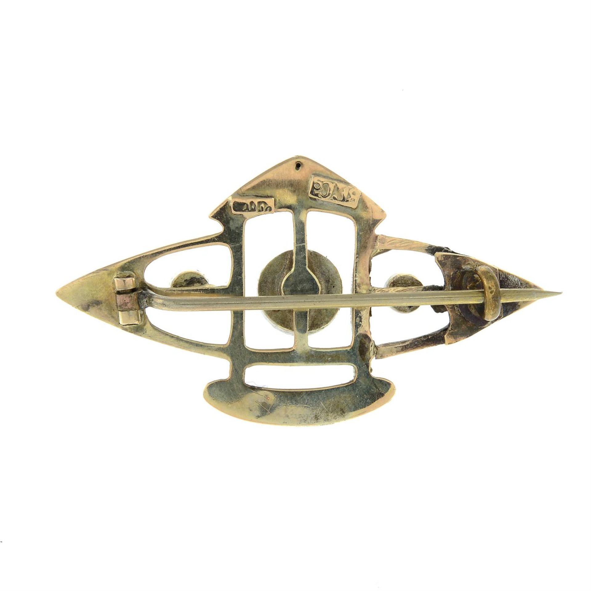 An early 20th century 9ct gold amethyst and split pearl brooch. - Image 2 of 2